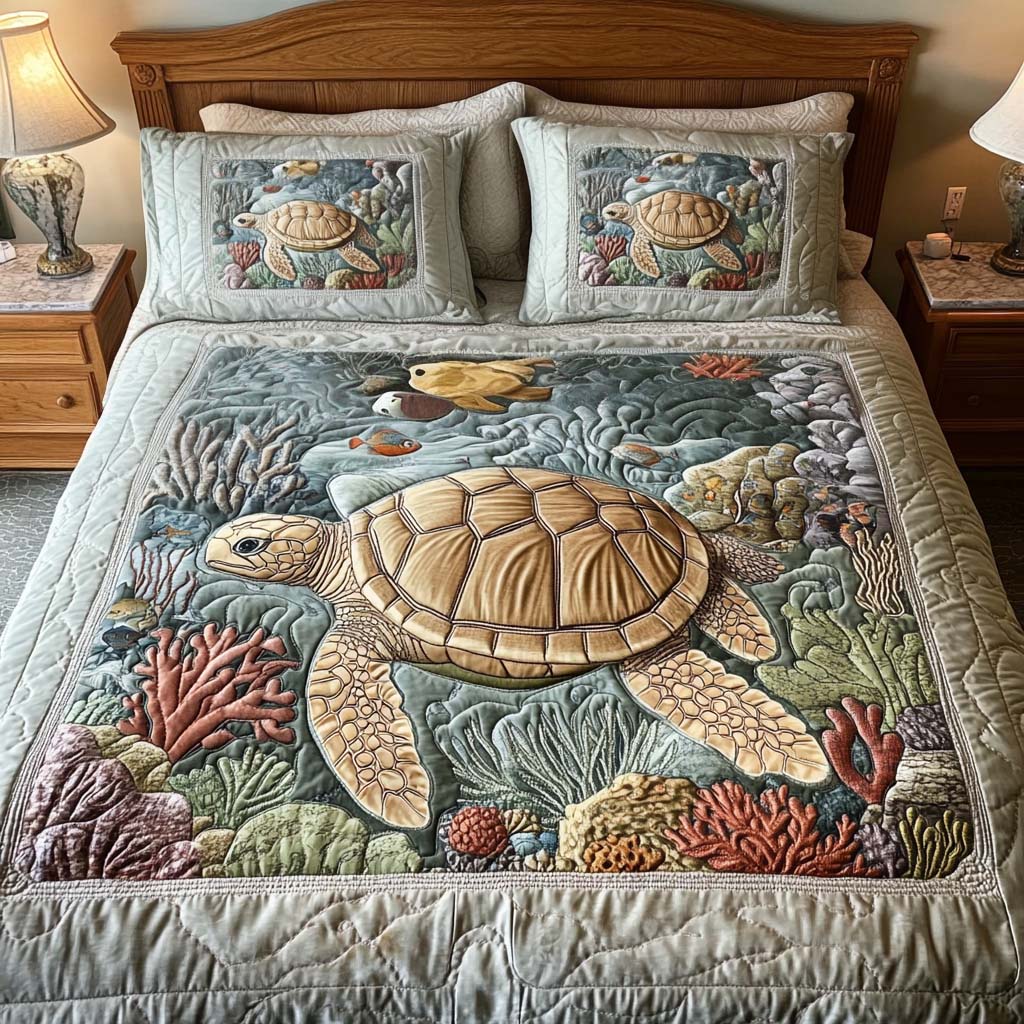 Ensemble de literie matelassée 3 pièces Tortues de mer