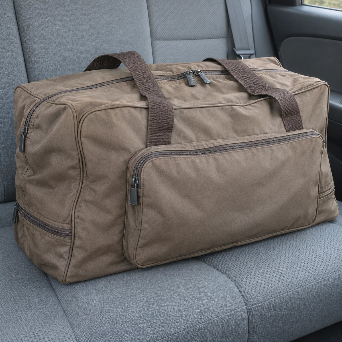 Basic taupe weekend bag on a back seat