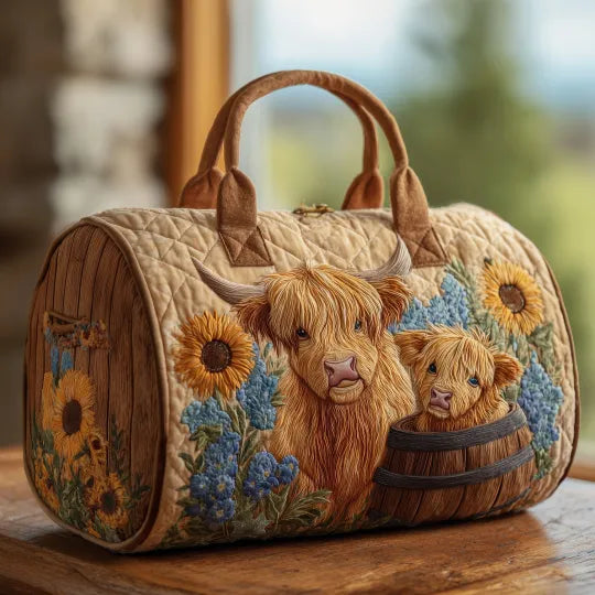 Sac de voyage matelassé - Vaches des Highlands aux tournesols
